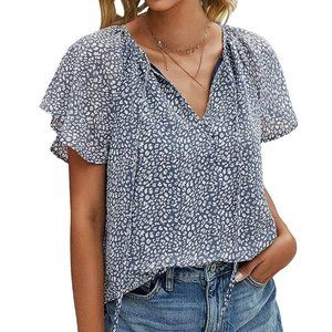 OUNAYA | Gray and White Leopard Print Top with Flutter Sleeves | Size 10/XL